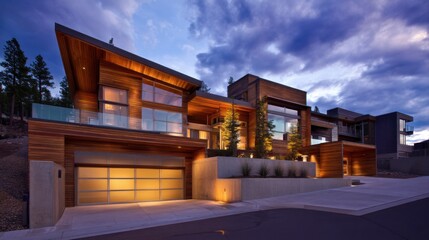 Obraz premium Modern multi-story residential house with large wooden cladding panels, multiple windows, flat and slanted roofs,