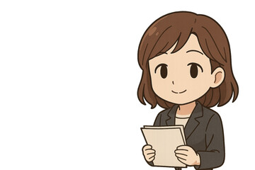 急なプレゼンにも笑顔で対応する落ち着いた女性社員のイラスト