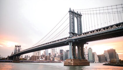 Fototapeta premium The Brooklyn Bridge at sunset over the New York City skyline.