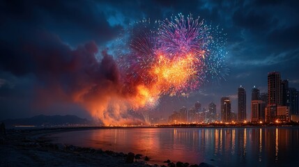 Fireworks display over a city waterfront, contrasted by a large fire and smoke plume