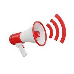 Red and white megaphone emitting sound waves symbolizing announcement or alert isolated on transparent background
