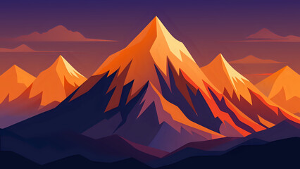 Vector illustration of tall snowy mountains glowing orange under the first light of dawn illustration