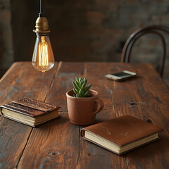 A reclaimed wood dining table with a single ceramic mug, a small succulent in a terracotta pot, and a worn leather-bound journal. The table is lit by the soft glow of a hanging  bulb