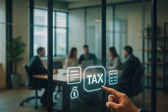 Business professionals discuss tax strategy in a modern conference room with digital interface
