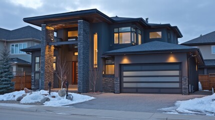 Obraz premium A modern two-story house with dark siding and stone accents features a light-colored entrance porch illuminated by wall 