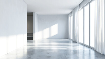 A spacious, minimalist living room with white walls, concrete floors, and large windows. The room is well-lit with natural light, creating a bright and airy atmosphere.