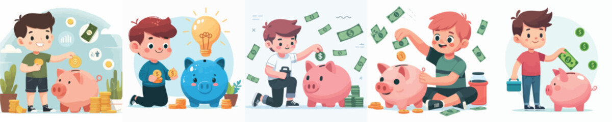 vector character of a boy saving money
