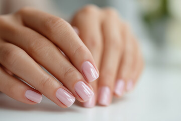 Fototapeta premium close up of a woman's hand with a light pink manicure