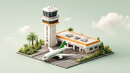 A miniature airport scene featuring a control tower, terminal, and airplane on a runway.