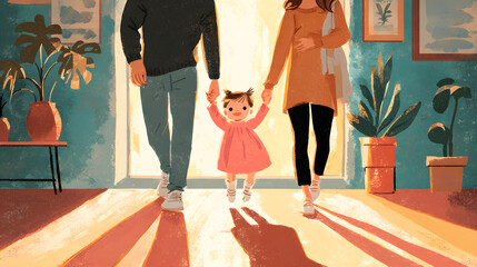 A baby takes its first steps while being held by a parent in a bright room.