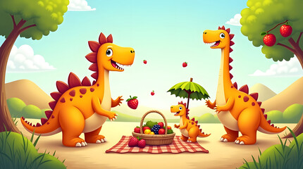 Naklejka premium Cartoon dinosaurs having a picnic. Family of dinosaurs with fruit in a basket.
