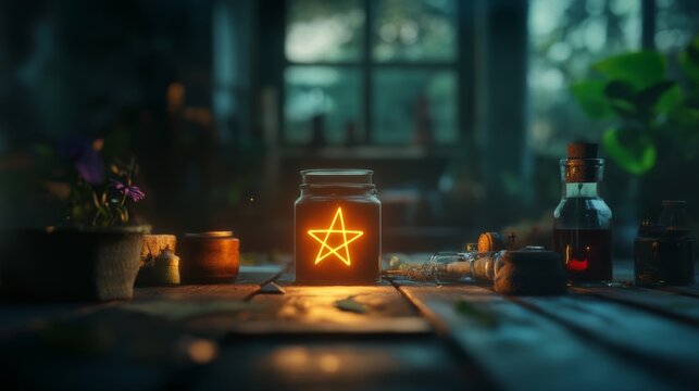 glowing pentagram surrounded by magical items, dark fantasy style,