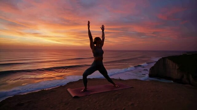 Golden Hour Cliffside Yoga with Woman in Warrior Pose, Ocean Waves and Colorful Sky, Landscape 4K Capture
