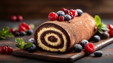 Delicious chocolate swiss roll cake with berries and icing sugar