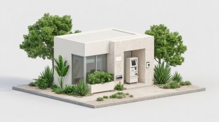 A modern outdoor ATM kiosk surrounded by greenery and landscaped plants.