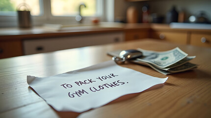 Handwritten reminder note with cash and keys on a table. 