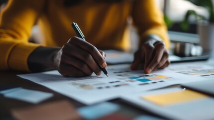hands flipping through fashion sketches, mood board in background