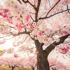 Fototapeta premium Close up view of a blooming cherry blossom tree with soft pink flowers and bright sunlight