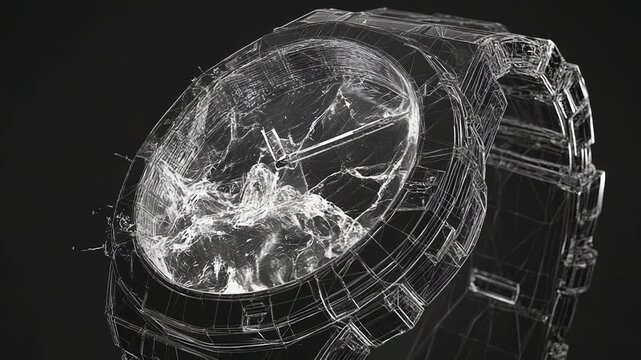 Wireframe wristwatch depicting intricate design and mechanism on dark background