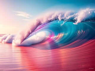 Ultra-HD Colorful Wave Crashing on Serene Beach with Vibrant Turquoise, Pink, Purple, Orange, and Gold – Dreamy Seaside Scene (AI Generated)
