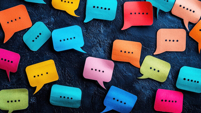 A colorful array of speech bubbles on a dark background, each containing a single dot.