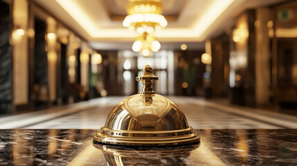 A shiny, ornate bell on a marble reception desk in a luxurious hotel lobby.