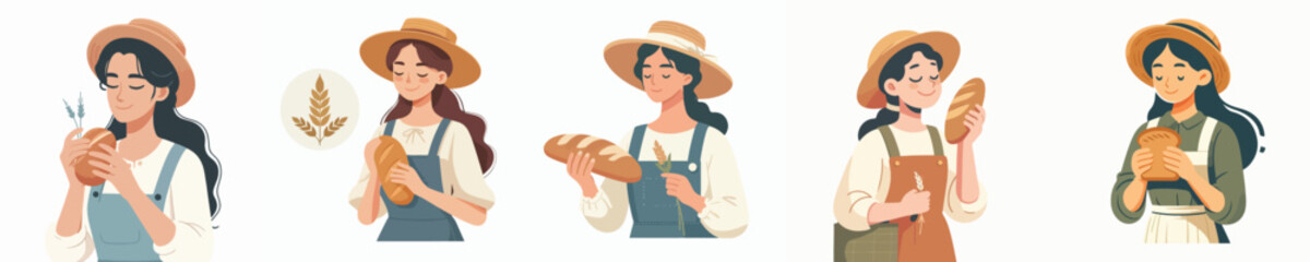 vector character of woman farmer eating bread