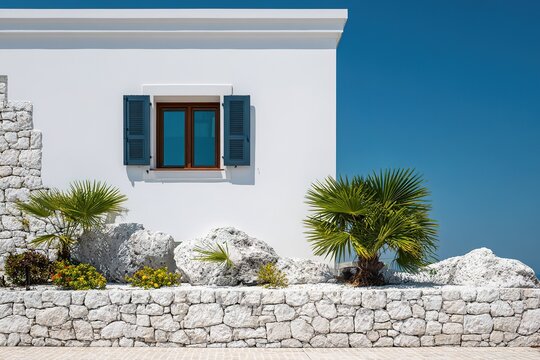 Bright white building with blue shutters and vibrant greenery on a sunny day