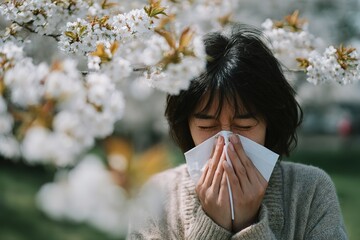 Person sneezing while holding tissue near blooming cherry blossom trees in springtime park setting