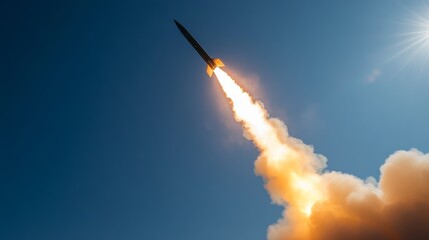 Fototapeta premium high-resolution image of a military exercise with a missile launching vertically, smoke and flames bursting from the launcher, clear blue sky, dramatic scene