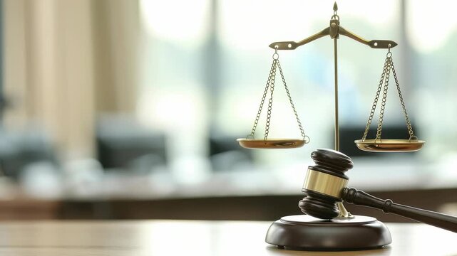 Image depicts scales justice with gavel, symbolizing legal balance, fairness. The setting is bright, serene, evoking themes precision within judicial system