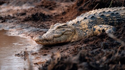 Obraz premium Crocodile resting on muddy bank