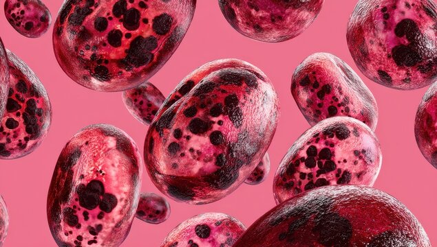 Red, translucent, oval-shaped cells with dark spots, against a pink background