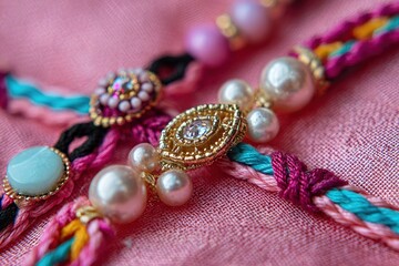 Colorful handmade bracelets with pearls and beads on a pink fabric background during daytime