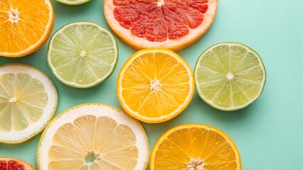 Obraz premium Citrus slices on light green background for food, beverage, health, summer, freshness, or tropicalthemed designs on marketing materials.