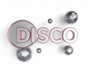 Shiny 3D Disco Emblem with Metallic Text and Reflective Mirror Balls