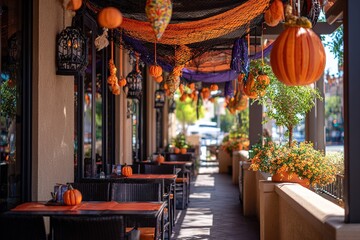 Outdoor dining area adorned with fall decorations and pumpkins in a charming restaurant setting