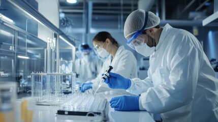 hydrogen fuel cell lab with engineers in safety suits conducting analysis