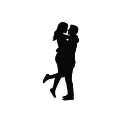 Silhouette of a couple embracing and kissing, with the man lifting the woman, symbolizing passionate love and romance, isolated on a white background