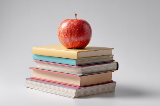 Books stacked with a shiny red apple on top create a vibrant and educational atmosphere in a minimalist setting