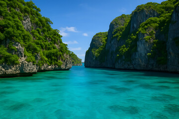 Naklejka premium Turquoise Cove: A stunning turquoise cove unfolds beneath a bright blue sky, inviting travelers to experience a serene paradise. A visual feast of natural beauty awaits.