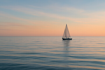 Naklejka premium Serene Sailboat at Dawn: A solitary sailboat gracefully glides on the tranquil waters of a calm sea under a serene sky painted with soft hues of dawn.