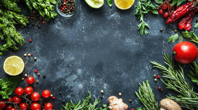 A vibrant frame of fresh herbs, vegetables, and fruits on a dark, textured background. The frame includes a variety of colors, textures, and styles, creating a visually appealing composition.