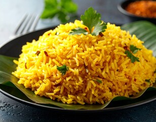 Spiced Yellow Rice with Fresh Herbs Served on Leaf Plate for Festive Meal