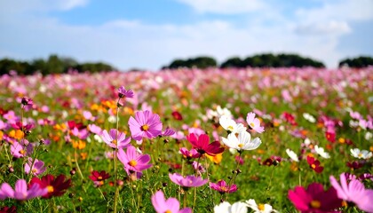 Fototapeta premium A colorful field of cosmos flowers under a clear sky.
