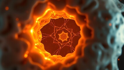 A glowing cellular structure unveiling a hidden geometric chamber with cosmic microscopic beauty.