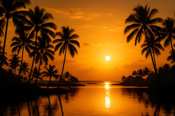 Obraz premium Golden Sunset Paradise: The sun dips below the horizon in a stunning display of color, casting a warm glow over the serene ocean and silhouette of palm trees on a tropical beach.