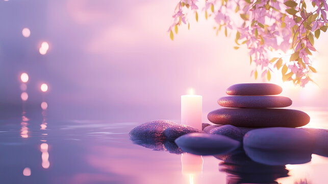 A serene water scene with a stack of stones and a lit candle, surrounded by a tranquil pink and purple background with soft lighting and gentle reflections.