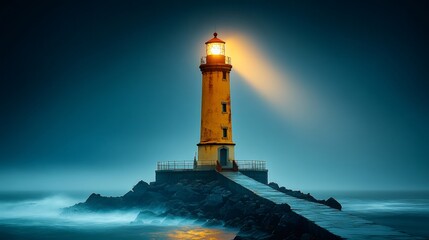 Obraz premium Lighthouse emitting light beam at twilight over ocean waves