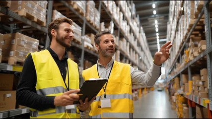 Two warehouse workers discuss inventory management while reviewing data on a clipboard in a large storage facility - Powered by Adobe